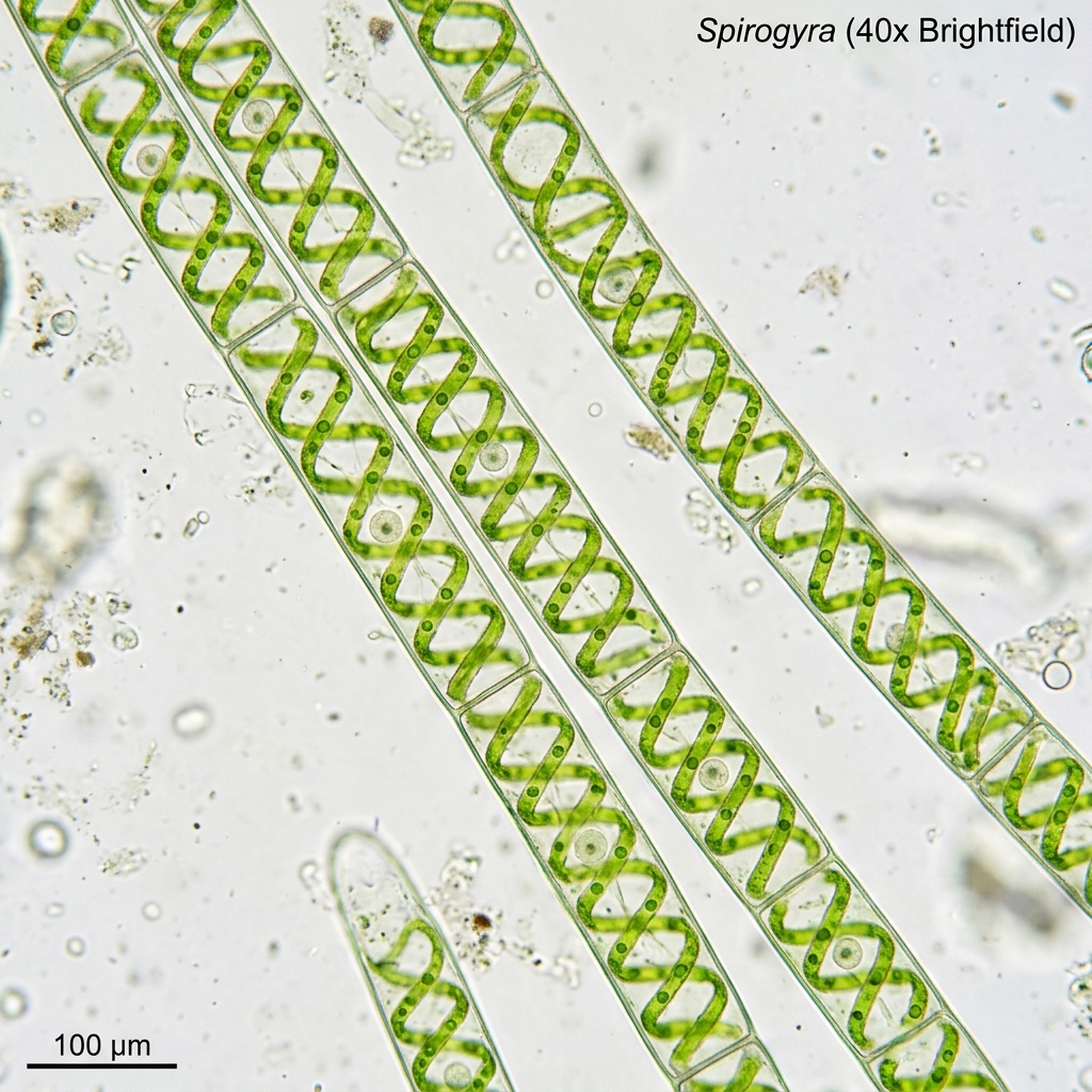 Micrografía de Spirogyra sp. mostrando cloroplasto helicoidal